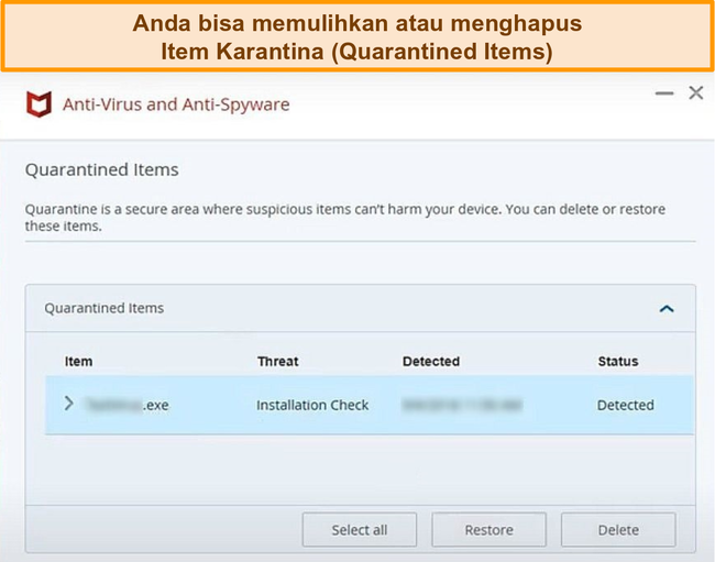 Tangkapan layar dari fitur Karantina McAfee