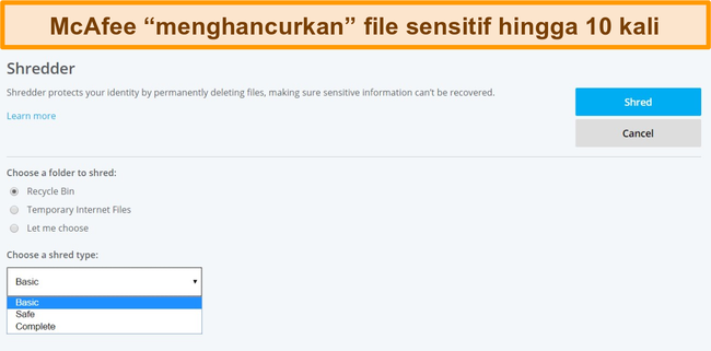 Cuplikan layar fitur McAfee Shredder