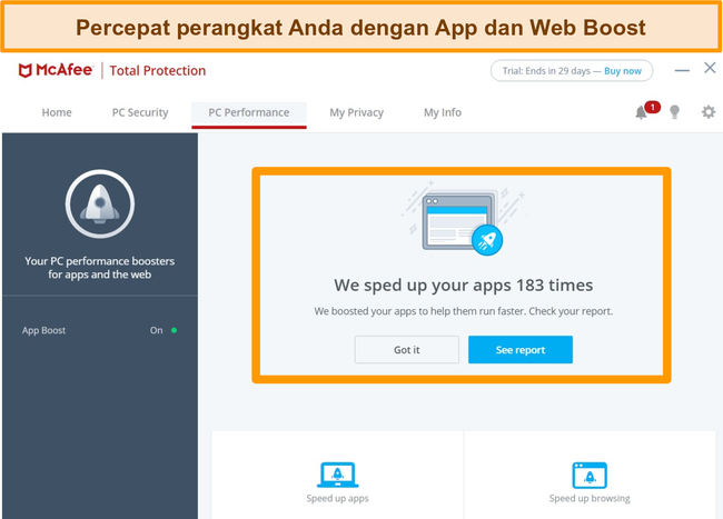 Tangkapan layar dari layar McAfee PC Performance