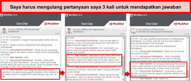 Tangkapan layar obrolan langsung McAfee mencoba menjawab pertanyaan teknis