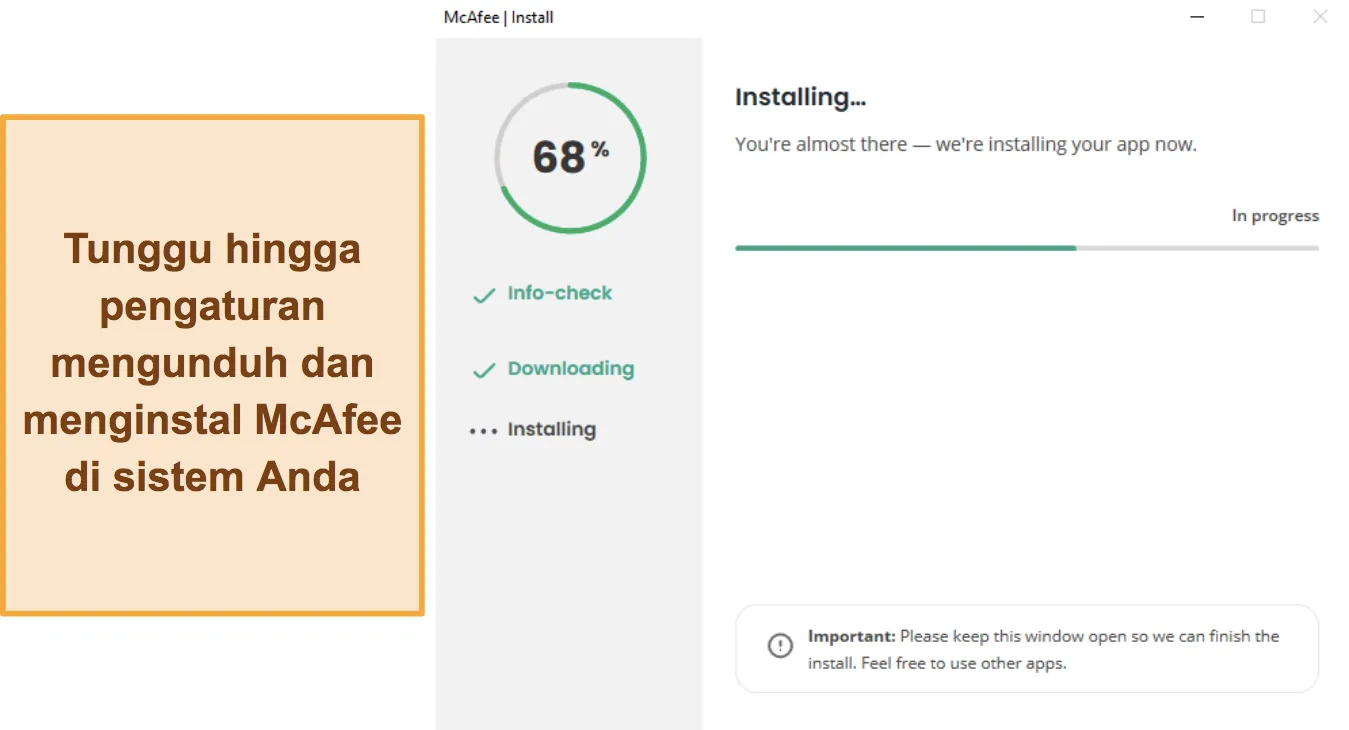Cuplikan layar yang menunjukkan instalasi McAfee sedang berlangsung.