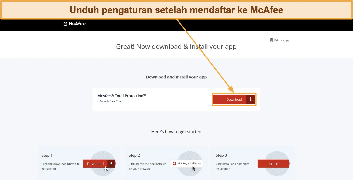 Cuplikan layar yang menunjukkan cara mengunduh pengaturan McAfee.