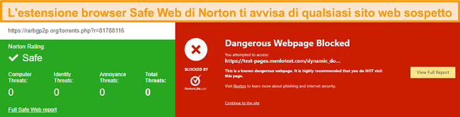 Screenshot di Norton Safe Web che conferma che un sito è sicuro o pericoloso.