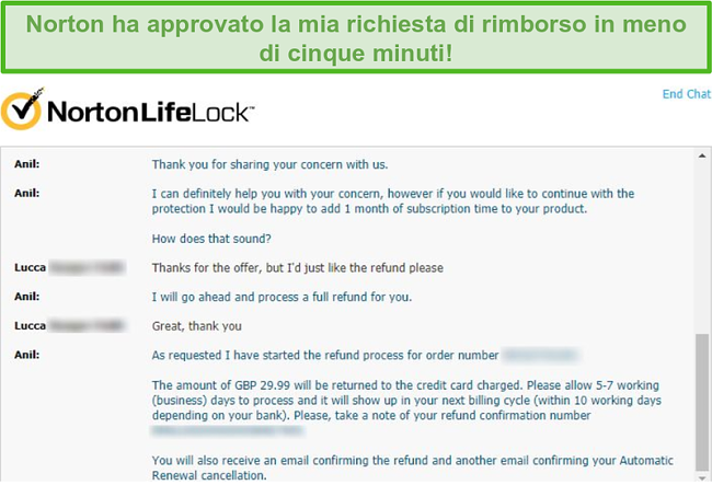 Screenshot della ricezione di un rimborso tramite la live chat di Norton.