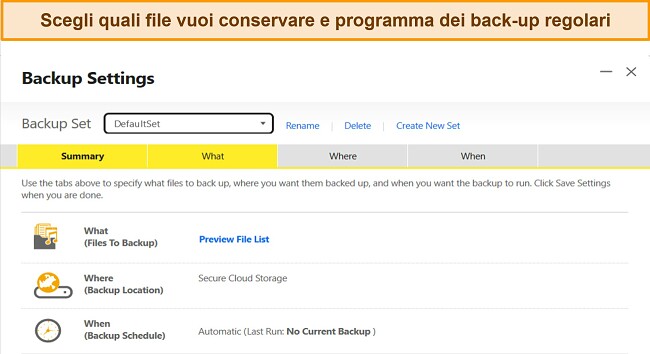 Screenshot della funzione Impostazioni di backup di Norton su Windows.