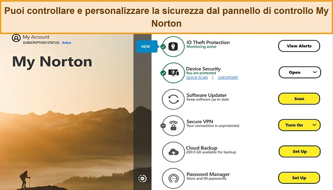 Screenshot dell'interfaccia della dashboard di My Norton su Windows.