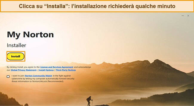 Screenshot della schermata di installazione di Norton, che evidenzia il pulsante di installazione.