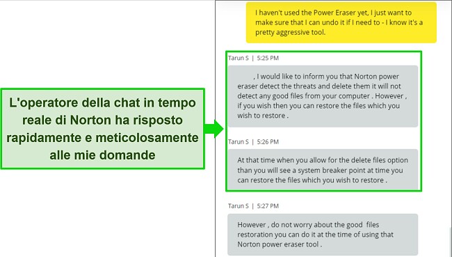 Screenshot dell'agente di chat dal vivo di Norton che risponde a una domanda sullo strumento Power Eraser.