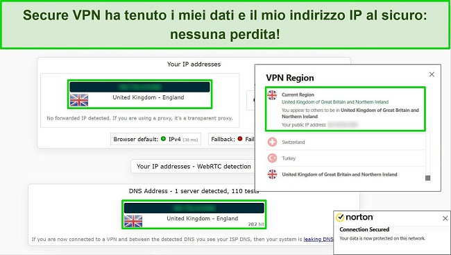 Screenshot di Secure VPN di Norton connesso a un server del Regno Unito, con i risultati di un test di tenuta IP che non mostra perdite di dati.