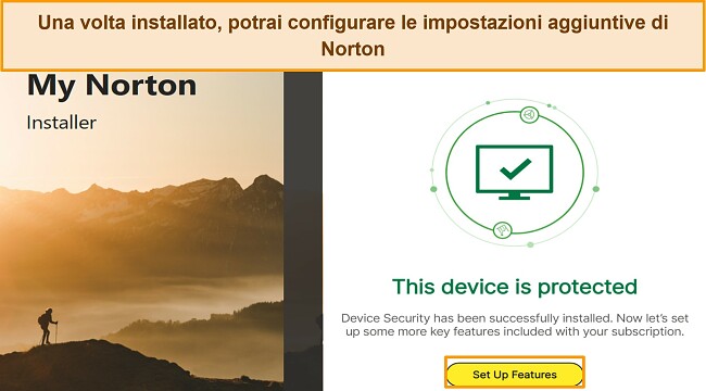 Schermata dell'interfaccia di Norton al termine dell'installazione, con un punto culminante incentrato sul pulsante 