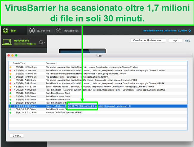 Schermata dei registri di scansione antivirus di Intego che mostra 1,7 milioni di file scansionati in 30 minuti