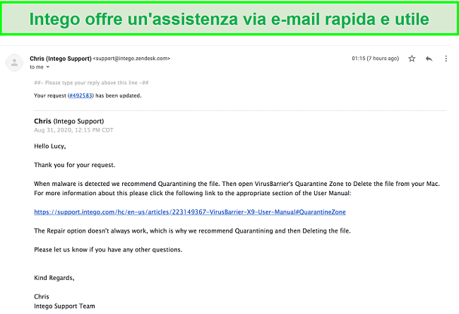 Screenshot di una rapida e utile conversazione e-mail con gli agenti dell'assistenza Intego.