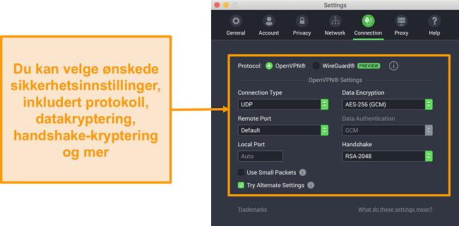 Skjermbilde av Privat Internett-tilgang VPN og appen for Mac som viser Tilpasning-fanens tilpasningsalternativer