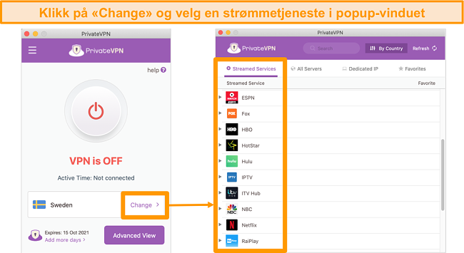 Skjermbilde av PrivateVPN Mac-app som viser liste over optimaliserte servere for streaming