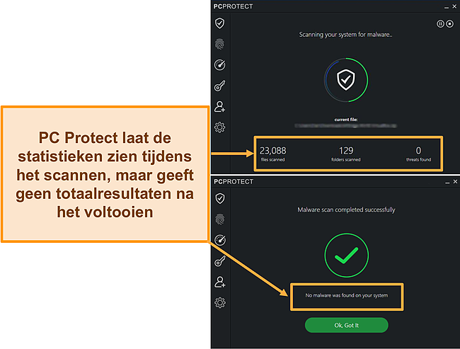 Schermafbeelding van PC Protect die een malwarescan uitvoert die de statistieken alleen bij het scannen weergeeft. Eenmaal voltooid, verdwijnen de resultaten.