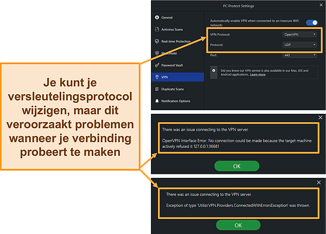 Schermafbeelding van Safe Browsing VPN-fouten en versleutelingsprotocollen van PC Protect.