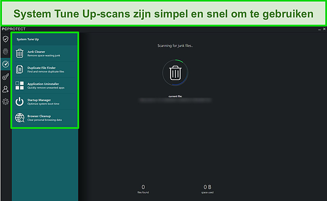 Screenshot van de System Tune Up-lijst van PC Protect die ruimte op de harde schijf vrijmaakt en ervoor zorgt dat uw apparaat soepel blijft werken.