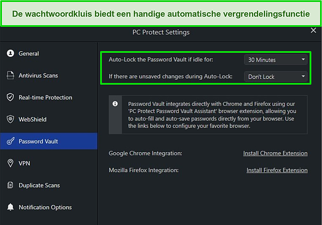 Screenshot van de Password Vault-instellingen van PC Protect met de automatische vergrendelingsfunctie.