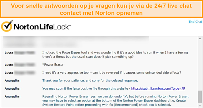 Screenshot van een gesprek met een Norton-klantenservicemedewerker via livechat.