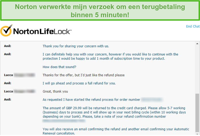 Screenshot van het ontvangen van een terugbetaling via de livechat van Norton.