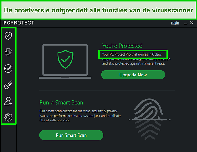 Screenshot van de proefversie van PC Protect en de ontgrendelde functies.