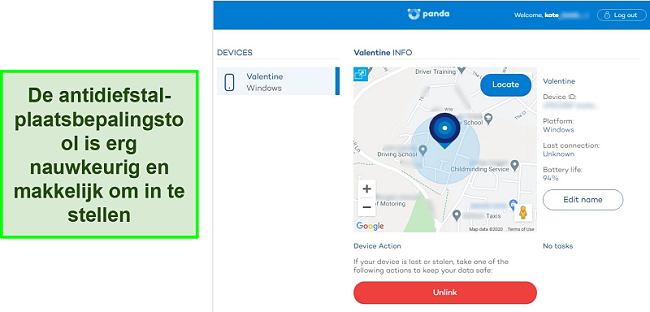 Screenshot van Panda's Anti-Theft locator-tool die de precieze locatie van een beveiligd apparaat detecteert