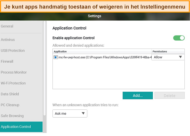 Screenshot van het configuratiemenu van Panda's Application Control