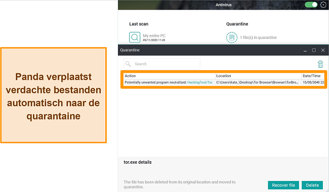 Screenshot van de quarantainefunctie van Panda met een in quarantaine geplaatst bestand gemarkeerd.