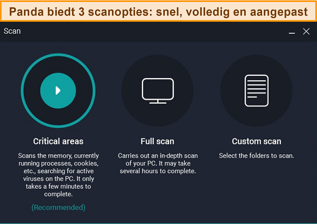 Screenshot van de 3 verschillende scanopties van Panda.