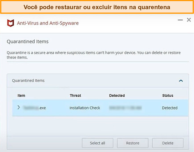 Captura de tela do recurso Quarentena da McAfee