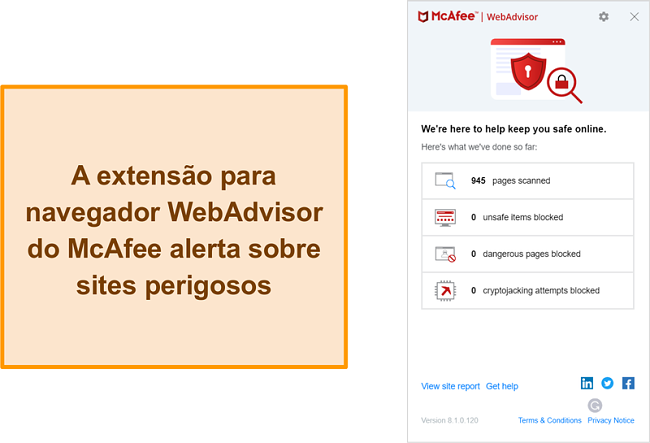 Captura de tela do recurso WebAdvisor no site da McAfee