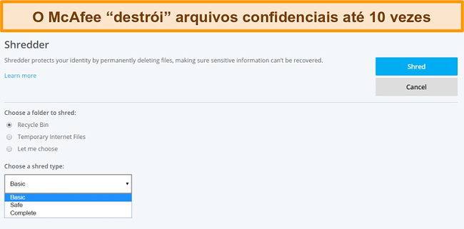 Captura de tela do recurso McAfee Shredder
