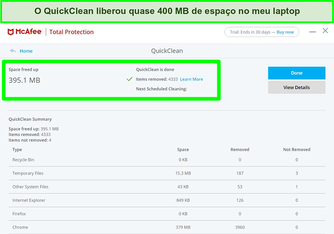 Captura de tela do recurso McAfee QuickClean no Windows