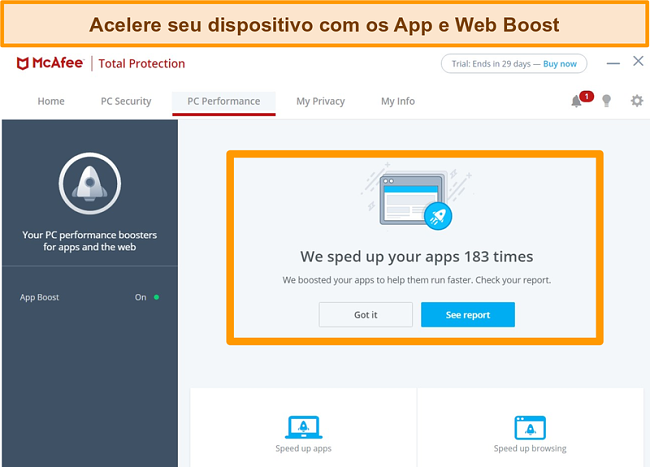 Captura de tela da tela de desempenho do McAfee PC