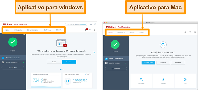 Captura de tela das interfaces de aplicativos do Windows e Mac