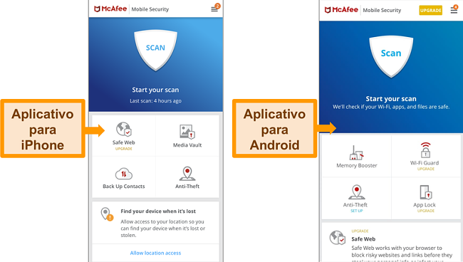 Captura de tela da interface do McAfee iOS e Android