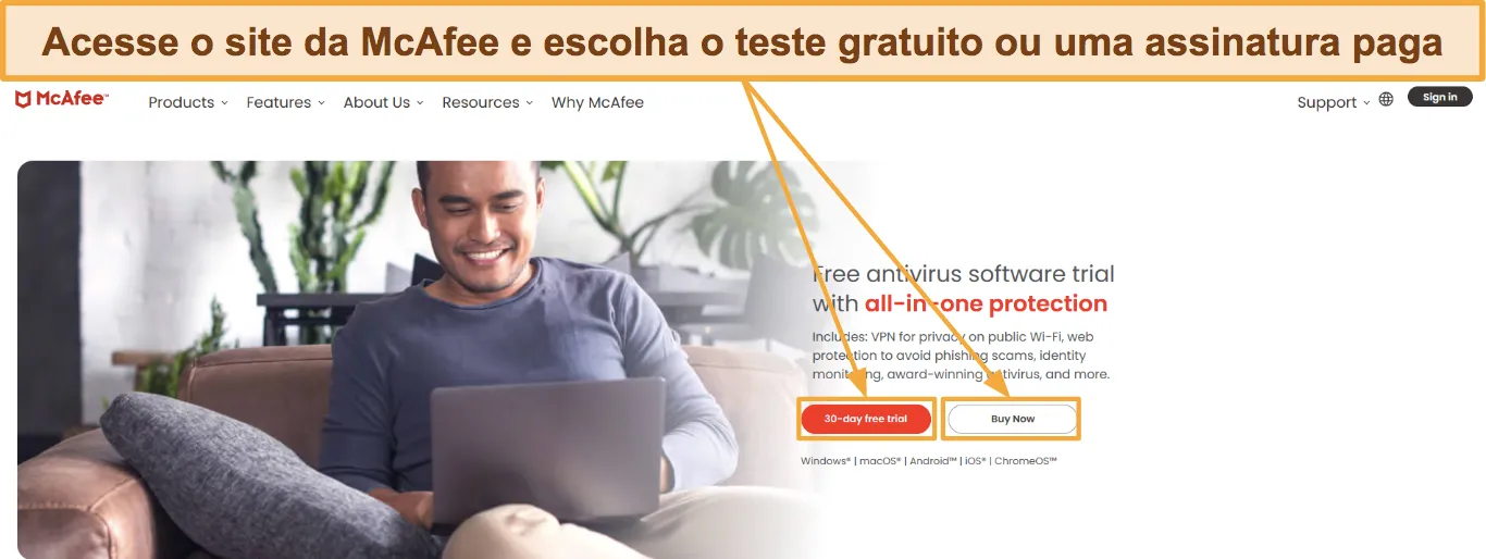 Captura de tela mostrando como escolher uma assinatura McAfee.