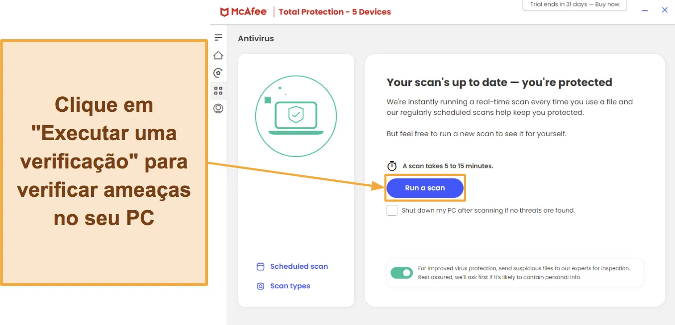 Captura de tela mostrando como iniciar uma verificação com o McAfee.