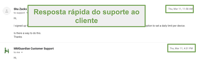 Captura de tela da resposta rápida do suporte ao cliente