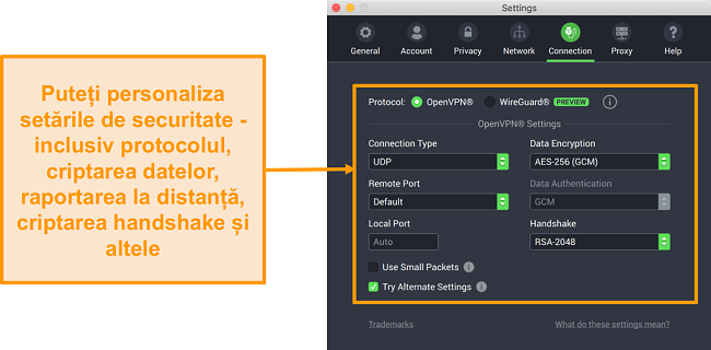 Screenshot de Private Internet Access VPN și aplicația sa pentru Mac care afișează opțiunile de personalizare a filei Conexiune