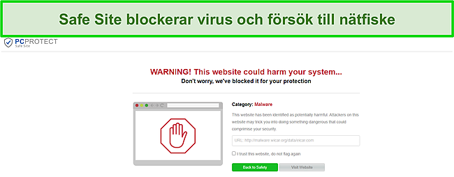 Skärmdump av PC Protect's Safe Site har framgångsrikt blockerat ett malware -försök.