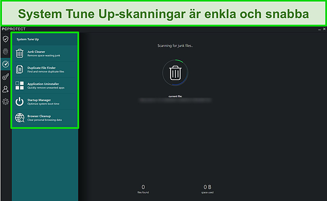 Skärmdump av PC Protect's System Tune Up -lista som hjälper till att frigöra hårddiskutrymme och håller din enhet smidigt.