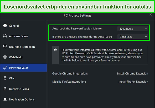 Skärmdump av PC Protect-lösenordsvalv-inställningarna med dess autolåsfunktion.