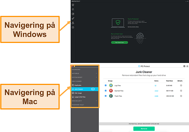 Skärmdump av PC Protects navigeringsmeny på Windows och Mac.