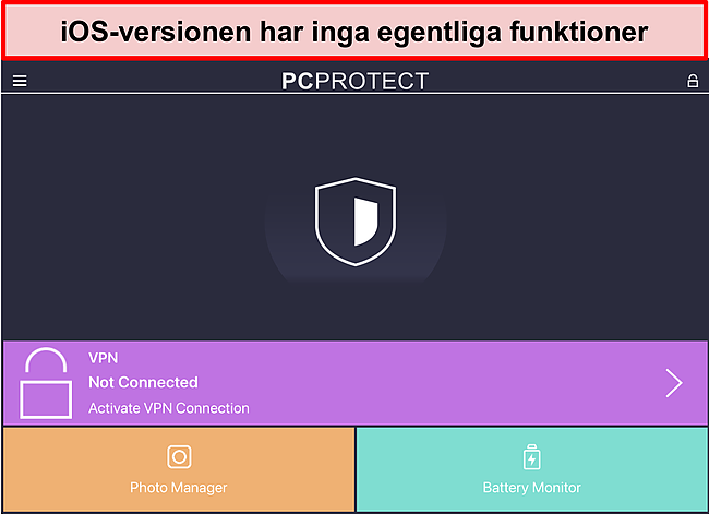 Skärmdump av PC Protects iOS -applikation som saknar några riktiga funktioner.