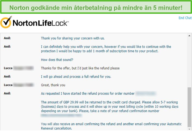 Skärmdump för att få återbetalning via Nortons livechatt.