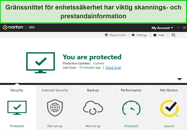 Skärmdump av Nortons instrumentpanel för enhetssäkerhet för Windows.