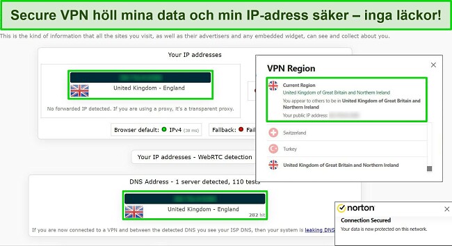 Skärmdump av Nortons Secure VPN ansluten till en brittisk server, med resultaten av ett IP-läckagetest som inte visar några dataläckor.