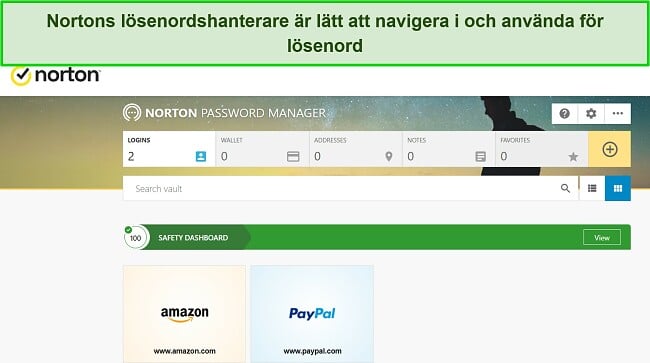 Skärmdump av Nortons lösenordshanterarfunktion.