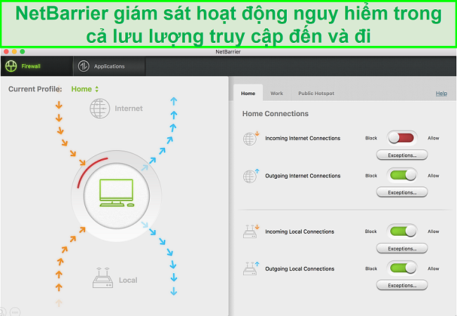 Ảnh chụp màn hình giao diện người dùng Intego NetBarrier bảo vệ lưu lượng mạng đến và đi